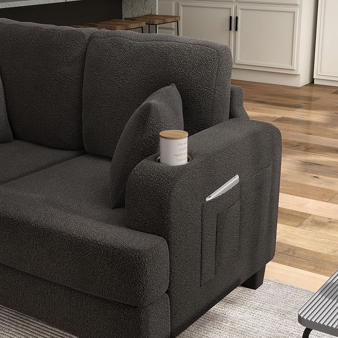 Homes: Inside + Out Reese Modern Plush Boucle Comfortable Loveseat with Side Pockets, Cup Holders and Pillows, Wooden Soft Couch for Living Room, Bedroom and Office, Dark Grey