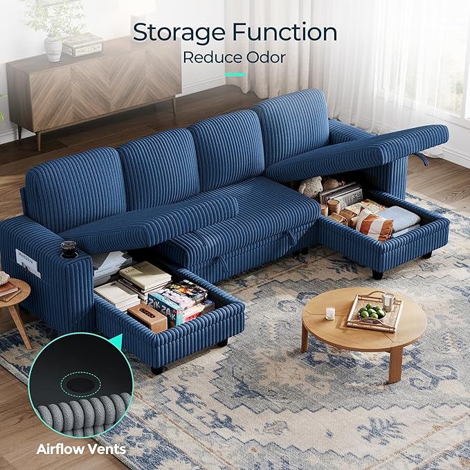 LINSY HOME Sectional Sleeper Sofa Pull Out Couches for Living Room (Blue, Sleeper Sofa 3) | Pull Out Sofa Bed, Storage, USB Charging, Cup Holders, Plush Corduroy | Pull Out Sofa Bed, Storage, USB Charging, Cup Holders, Plush Corduroy