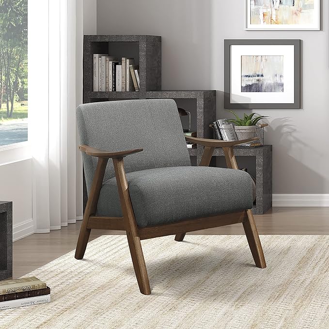 Lexicon Mid Century Modern Accent Chair with Solid Wood Frame in Walnut Finish, Upholstered Living Room Lounge Arm Chair, Thick and Comfy Innerspring Seat Cushion, Linen-Look Fabric, Gray