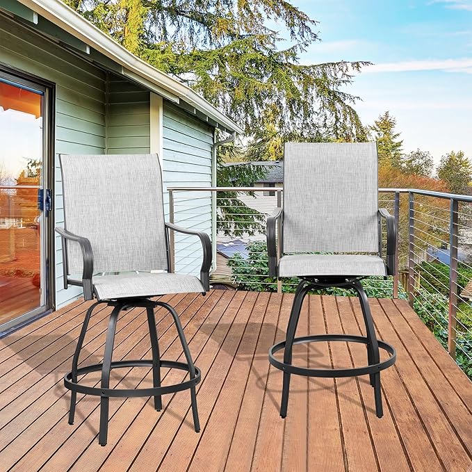 Shintenchi 2 Piece Patio Swivel Bar Chairs, All Weather Textile Outdoor Metal Bar Stools Patio Chairs Set of 2 with High Back, High Top Bistro Set Furniture for Balcony,Backyard,Garden,Deck,Light Grey