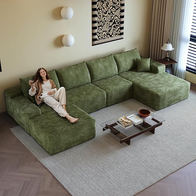 135" U Shaped Boneless Couch with Ottoman, Convertible Sleeper Compression Sofa, Corduroy Couch Sectional for Living Room Bedroom, Deep Seat Foam Cloud Sofas No Assembly, Right Facing Chaise, Green | Space-Smart Design