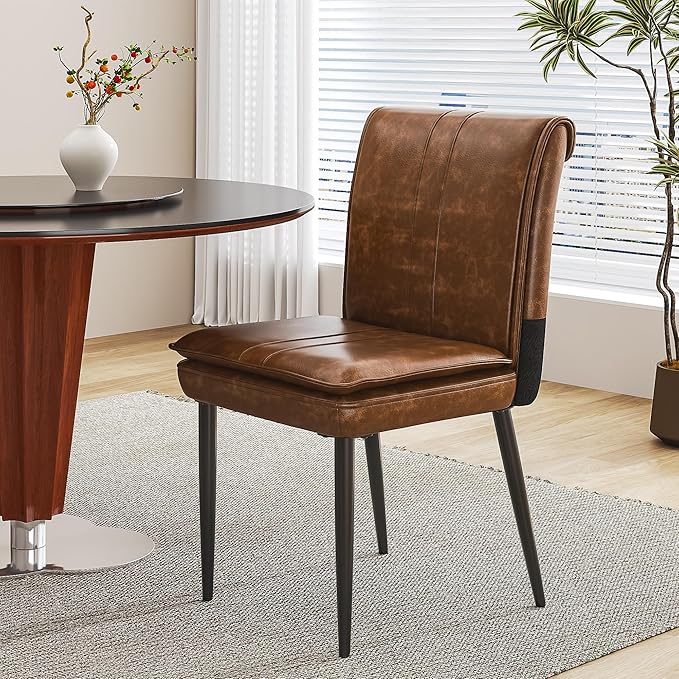 VECELO Upholstered PU Dining Chairs Set of 6, Kitchen Chairs with Padded Seat for Living Room, Dining Room, High Back and Steel Legs, Easy Assembly, Brown