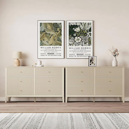 RoyalCraft 6 Drawer Dresser Set of 2, Fluted Modern Wood Dresser, Double Chest of Drawers for Bedroom, TV Stand Storage Cabinet for Living Room, Beige