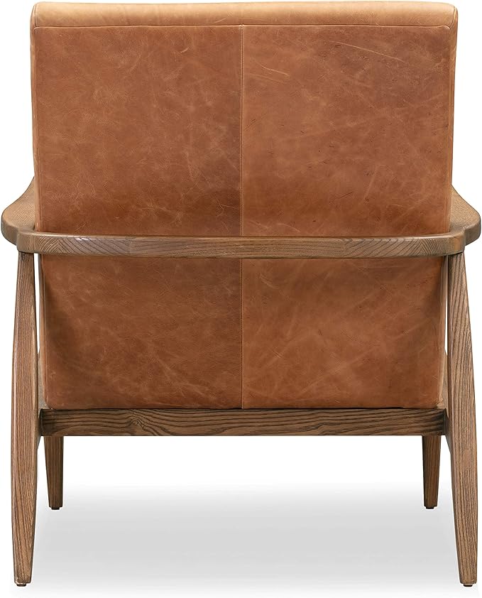 Poly & BARK Rowan Lounge Chair – Mid Century Modern Leather Armchair with Ribbed Seat and Solid Ash Wood Frame, Cognac Tan