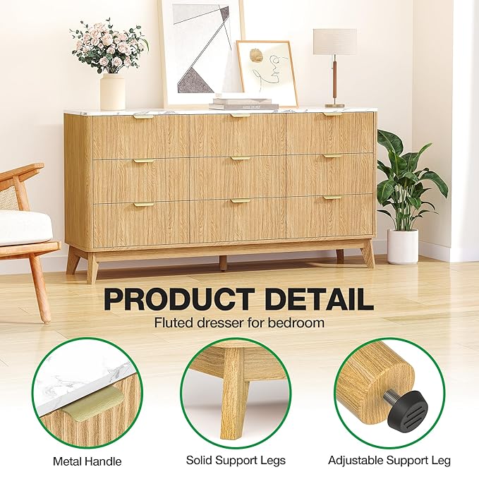 57" Fluted 9 Drawer Dresser with Arc-Shaped Corner,Modern Chest of Drawers with Metal Handle, Wood Closet Clothes Storage Organizer with Curved Edges for Bedroom,Natural