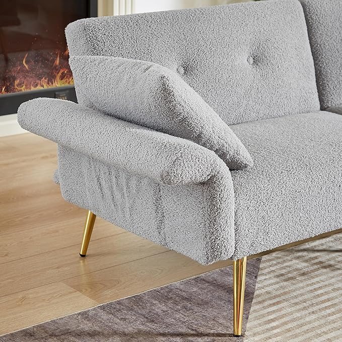 Eafurn Teddy Futon Sofa Bed Modern Folding Futon Set Convertible Recliner Lounge Sleeper Couch with Adjustable Armrest and Backrest for Living Room Apartment | Golden Legs, Wood Frame, Side Pockets