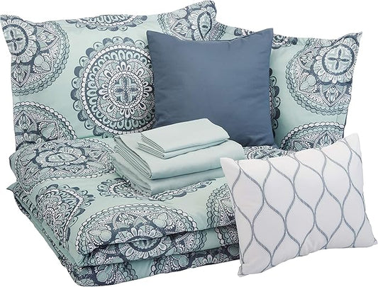 Amazon Basics 10-Piece Bed-in-a-Bag Comforter Set, Soft, Lightweight Microfiber, Full/Queen, Sea Foam Medallion