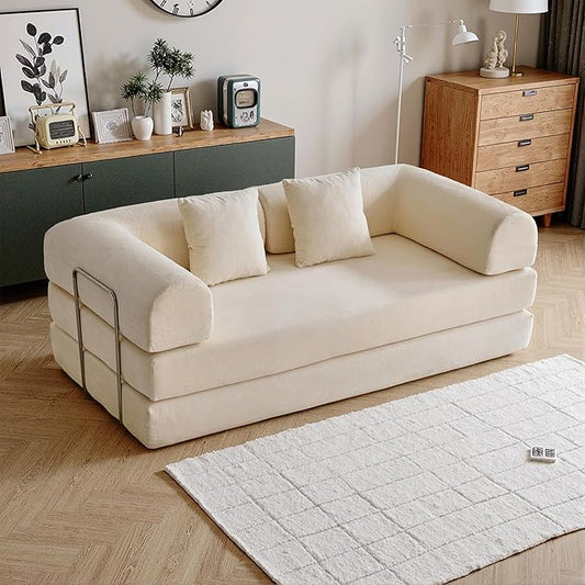 87'' Convertible Compressed Corduroy Folding Cloud Sofa Bed, Modern Modular Boneless Pull Out 3 Seater Sleeper in a Box, 5 in 1 Foldable Floor Mattress Couch, No Assembly Needed, Beige, Pillows, King