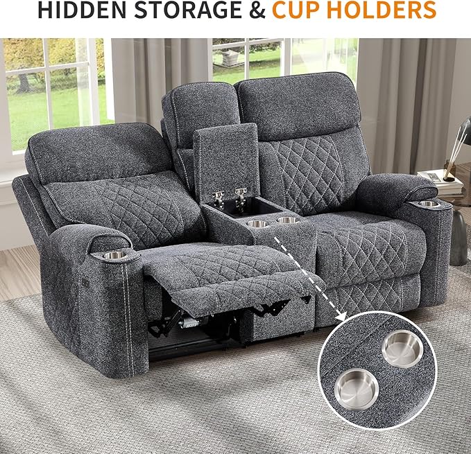 EBELLO Power Reclining Sofa Set, Fabric Electric Recliner Chair and Loveseat Sofa with Cup Holders, USB and Type-C Charging Ports and Storage Space, 3 Seats for Small Living Room, Grey