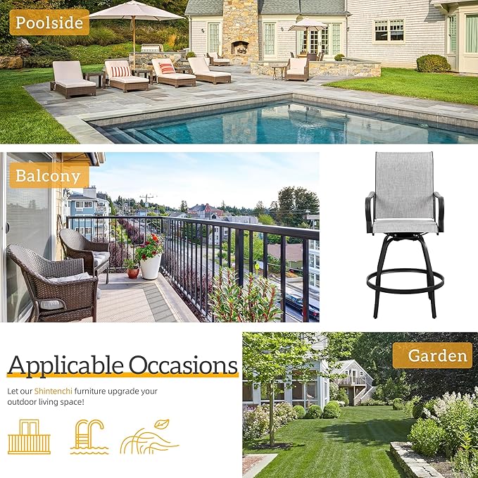 Shintenchi 4 Piece Patio Swivel Bar Chairs, All Weather Textile Outdoor Metal Bar Stools Patio Chairs Set of 4 with High Back, High Top Bistro Set Furniture for Balcony,Backyard,Garden,Deck,Light Grey