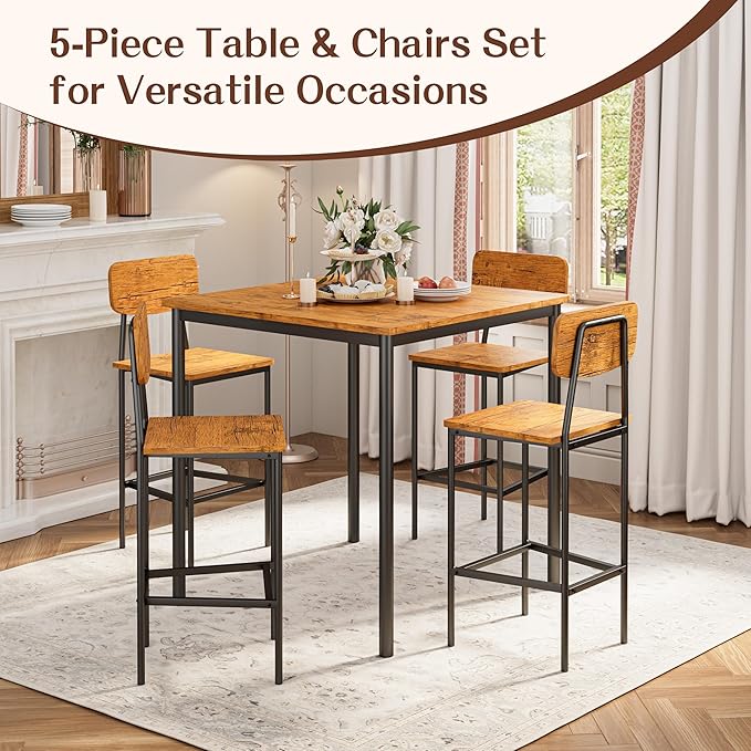 Kitchen Table and Chairs of 4, 5 Piece Dining Table Set, Sturdy Industrial Space Saving Dinette Set for Pub, Family Dinners, Apartment, Teak