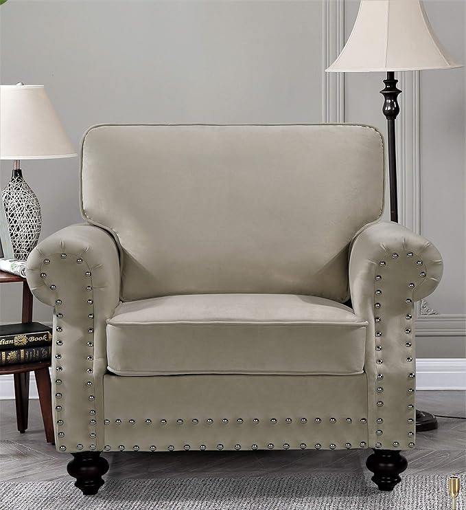 Container Furniture Direct Lotus Mid Century Modern Velvet Upholstered Living Room Rolled Arms, Chair, Loveseat and Sofa, Ivory