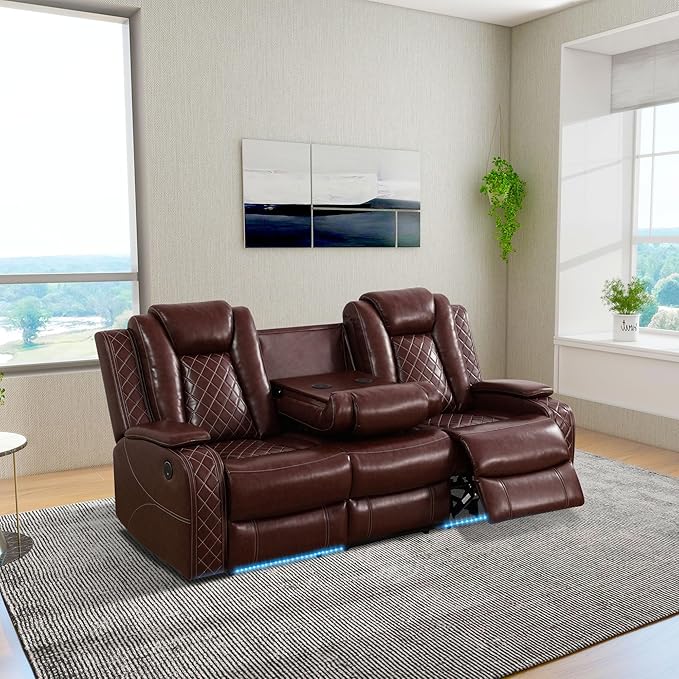 Breathing Leather Power Reclining Sofa, Living Room Furniture with 2 Recliners, 3 Seater Leather Couch with Flip-Down Table/USB Charging for Office/Home Theater (Auburn, 3-Seat Sofa)