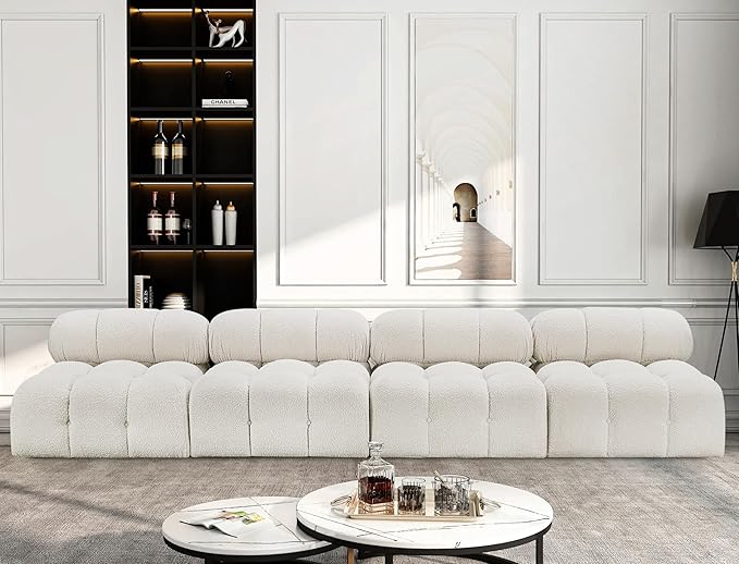 Meridian Furniture 611Cream-S136B Ames Collection Modern | Contemporary Modular Sofa with Rich Cream Boucle Fabric, Modular to Create Infinite Configurations, 136" W x 34" D x 28" H, Cream