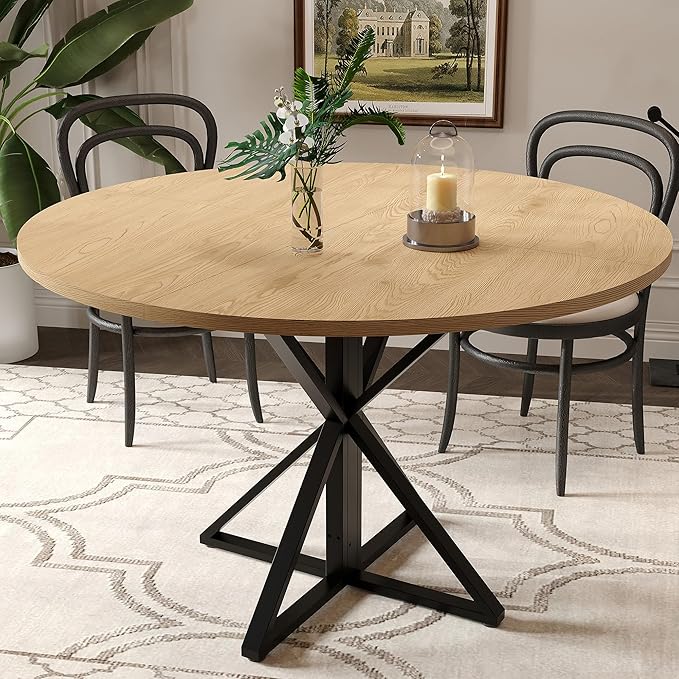 IDEALHOUSE 47 Inch Round Dining Table for 4, Farmhouse Kitchen Table with Metal K-Base, Oak Finish Circle Wood Table for Dining Room, Kitchen, Apartment & Living Room (Table Only)
