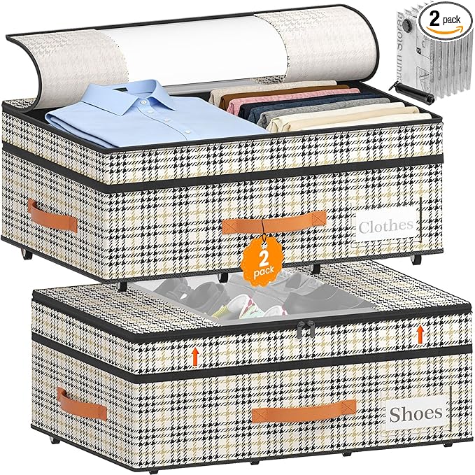 2-Pack Under Bed Storage with Wheels and 6 Vacuum Seal Bags, Adjustable Height 7.9"-10.2",Heavy Duty Capacity, Clear Lid Organizer for Dorm Bedroom Clothes Shoes Books,Quick Assembly Space Saver