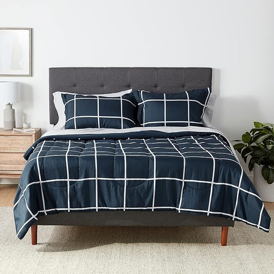 Amazon Basics Lightweight Microfiber Comforter Set with Sheets, 7-Piece, Bed-In-A-Bag, Full/Queen, Navy with Grey Plaid, Machine Washable