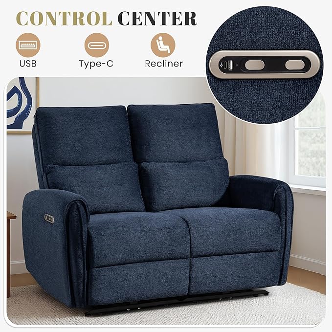 53.5" Zero Wall Hugger Power Reclining Loveseat Sofa with USB & Type-C Ports, Electric Recliner Loveseat with Lumbar Pillows, Small Space Wall Hugger Reclining Couch for Living Room & RV (Navy Blue)