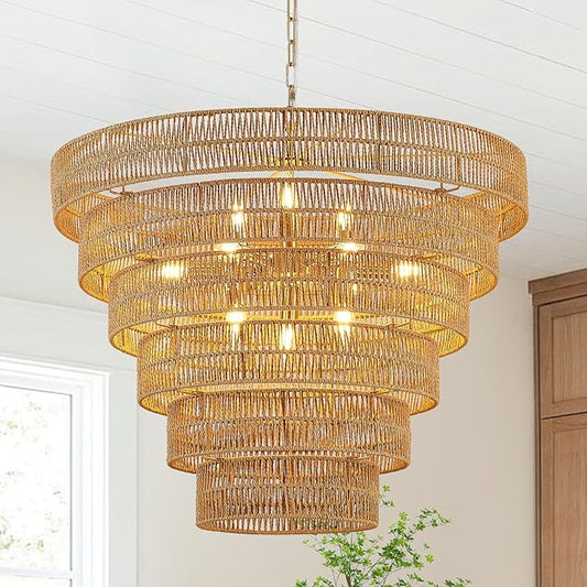 31.5” Large Boho Rattan Chandelier Light Fixture, 12-Light Golden Hand Woven Chandeliers 6-Tier Vintage Farmhouse Wicker Gold Chandelier for Dining Room, Kitchen, Bedroom, Living Room, Foyer