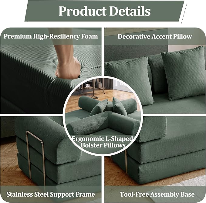 87'' Convertible Compressed Corduroy Folding Cloud Sofa Bed, Modern Modular Boneless Pull Out 3 Seater Sleeper in a Box, 5 in 1 Foldable Floor Mattress Couch, No Assembly Need, Green, 2 Pillows, King