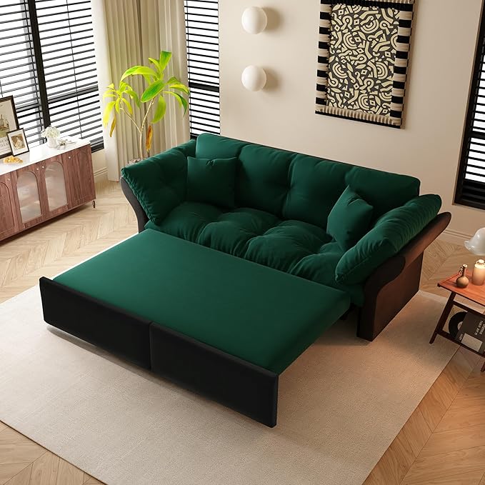 Eafurn 3-in-1 Convertible Sofa Bed Queen Size Pull Out Sleeper Sofa with Skin-Friendly Velvet Fabric, Multi-Functional Loveseat with Pillow Armrest for Guest Room & Living Room