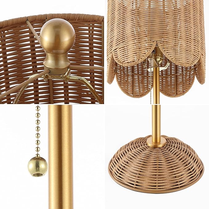 JONATHAN Y 27.5" Brass Gold Coastal Buffet Table Lamp Set of 2 for Bedroom, Boho Table Lamps with Natural Rattan Scalloped Shade, Pull Chain, LED Bulbs Included JYL1138A-SET2