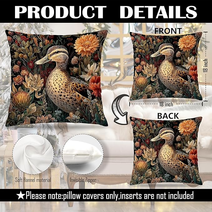 William Morris Inspired Rustic Duck Floral Pillow Covers 18x18, Farmhouse Decor, Dark Cottagecore Wildflower Farm Animal Duck Decor Throw Pillow Covers for Home Bedroom Living Room, Set of 2