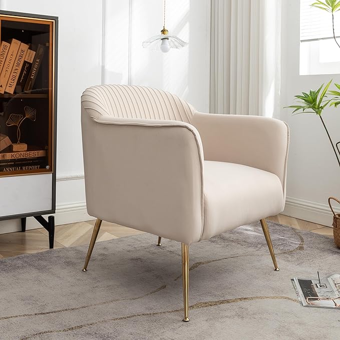 Contemporary Velvet Accent Chairs for Living Room, Bedroom and Entryway, Modern Armchair with Sleek Metal Legs, Elegant Seating Solution for Small Spaces, Tan