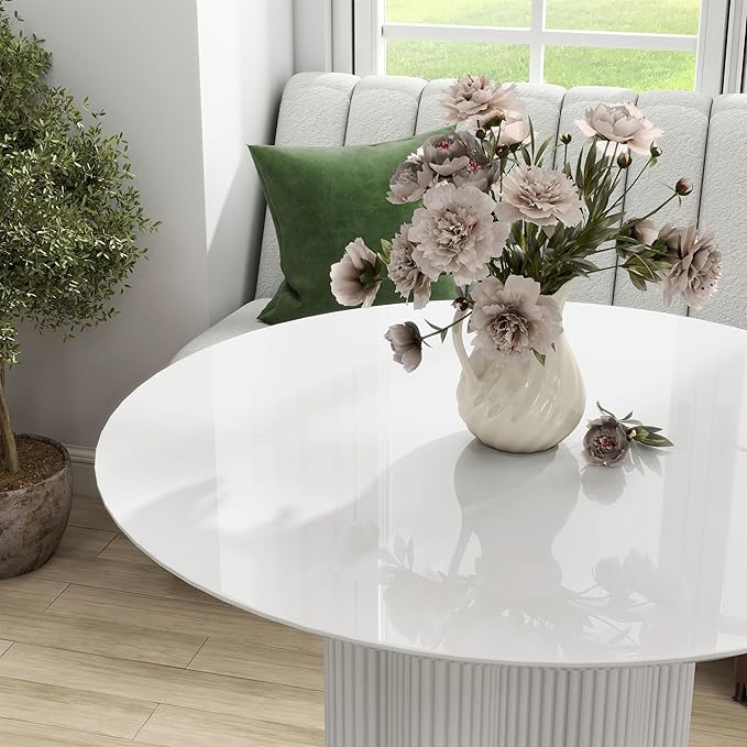 Homes: Inside + Out Elara Modern 39-inch Round Dining Table with Fluted Pedestal Base, Seats up to 4, for Home Kitchen, Living Room, Glossy White