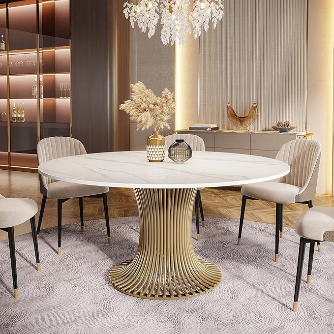 Tribesigns 59" Modern Sintered Stone Round Dining Table for 6-8, Luxury White Kitchen Table with Golden Stainless Steel Pedestal for Dining Room,Living Room (Only Table)