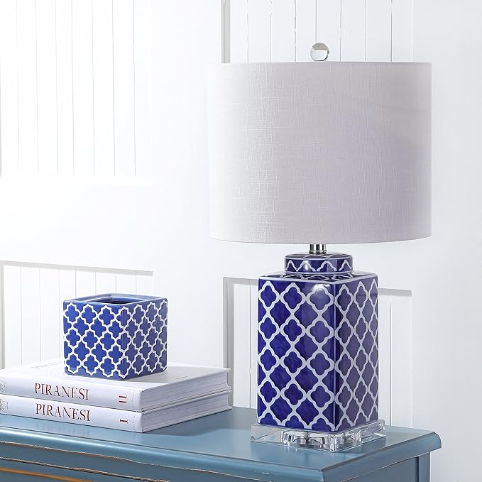 JONATHAN Y 23" Blue/White Chinoiserie Ceramic LED Table Lamp, Hand-Painted Trellis Ginger Jar Design for Living Room Bedroom, White Linen Drum Shade, LED Bulb Included JYL3011A