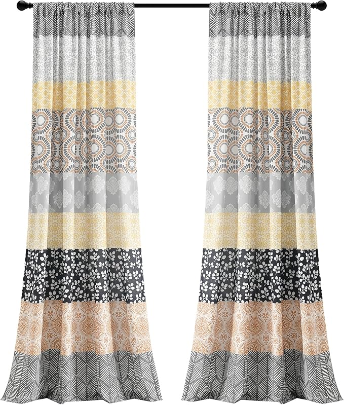 Lush Decor Bohemian Stripe Window Curtain Panels, Pair 52" W x 84" L Yellow & Gray - Light Filtering Curtains for Bedroom - Boho Curtains - Maximalist Decor