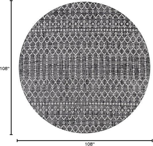 JONATHAN Y Moroccan Geometric Indoor Outdoor Round Area Rug 9 Ft Black/Gray, Ourika Textured Weave for Backyard, Patio, Porch, Easy-Cleaning, High Traffic, Pet-Friendly, Non-Shedding (SMB108F-9R)