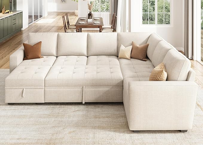 HONBAY Sectional Sleeper Sofa Couch with Pull Out Bed, Convertible L Shaped Couch with Storage, Sleeper Sectional Sofa Bed for Living Room, Beige