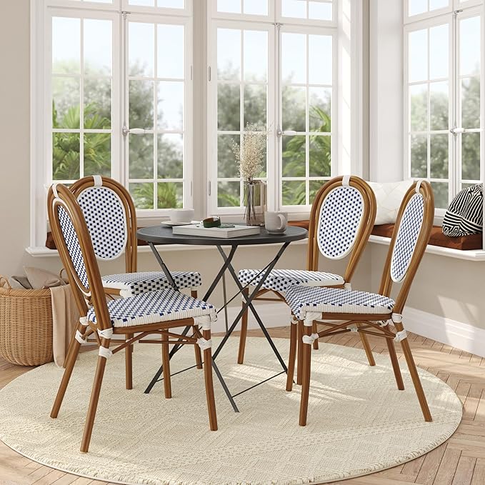 Flash Furniture Lourdes Indoor/Outdoor Commercial Thonet Bistro Stack Chair - White/Navy PE Rattan Back and Seat - Natural Bamboo Print Metal Frame - Set of 4