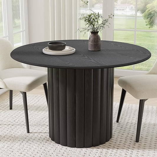 Casaphoria 46" Round Dining Table, Modern Wood Kitchen Table with Wide Column Pedestal Base for Living Room & Dining Room, Easy Assembly Farmhouse Furniture for 4-6, Black