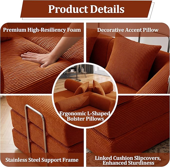 Convertible Compressed Corduroy Folding Cloud Sofa Bed, 59'' Modern Boneless Pull Out Loveseat Sleeper in a Box, 5 in 1 Floor Mattress Futon Cloud Couch, No Assembly Needed, Orange, 2 Pillows, Queen