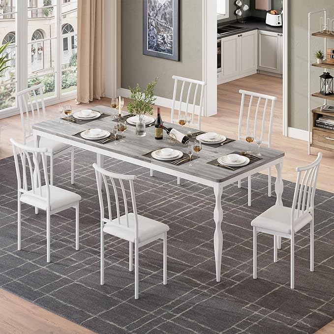 Garvee 79-Inch Modern Farmhouse Dining Table, Large Rectangular Kitchen Table for 6-8 People, Sturdy Wood Top with Unique Legs, Scratch-Resistant Dining Room Furniture for Party, Big Family, Grey
