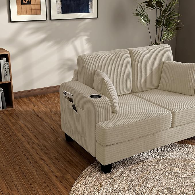 Homes: Inside + Out Reese Modern Plush Chenille Comfortable Loveseat with Side Pockets, Cup Holders and Pillows, Wooden Soft Couch for Living Room, Bedroom and Office, Beige