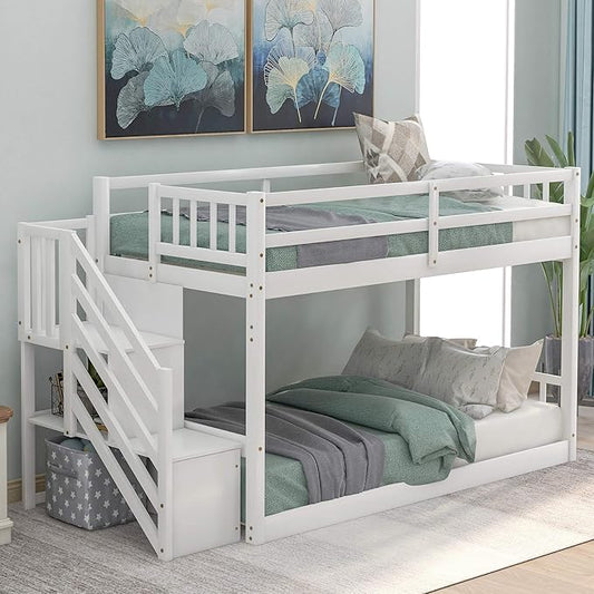 Twin Over Twin Low Bunk Bed with Ladder and for Storage Staircase for Teens, Boys or Girls, No Box Sping Needed
