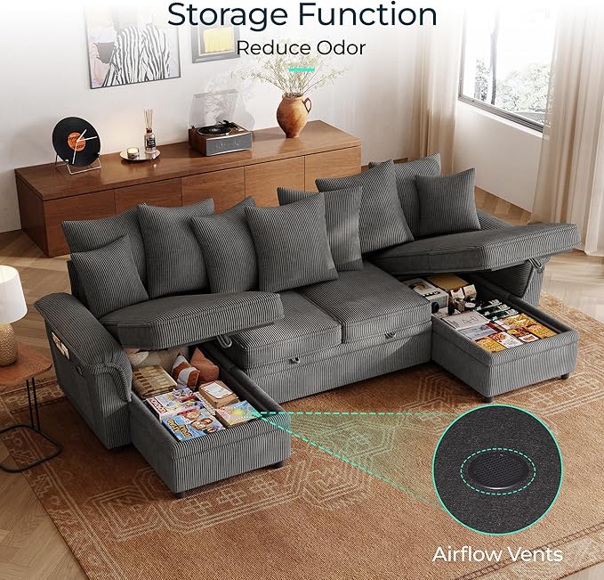 LINSY HOME Oversized Sectional Sleeper Sofa with Pull Out Couch Bed (Gray, 118.5'') | USB Charging, Pillow-style Armrest, Multiple Cushions, Storage Chaise, Corduroy Fabric