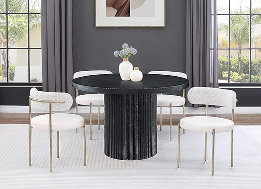Meridian Furniture 728Black-T Belinda Collection Mid-Century Modern Dining Table, Solid Wood Base, Black Finish Oak Wood Veneer MDF Top, Round Top, Fluted Base, 48" W x 48" D x 31" H, Black