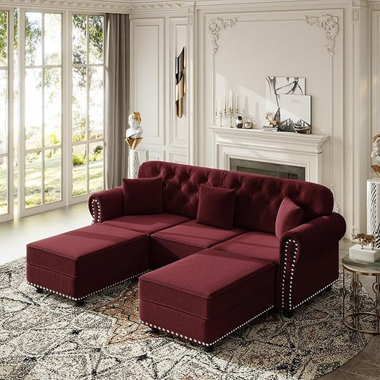KEIKI 83" Velvet Chesterfield Sofa with Rolled Arms & Nailhead Trim & 2 Ottoman, Modern 3-Seater Button Tufted Couch with High Resilience Cushion & 3 Pillow, Easy Assembly, for Living Room, Burgundy
