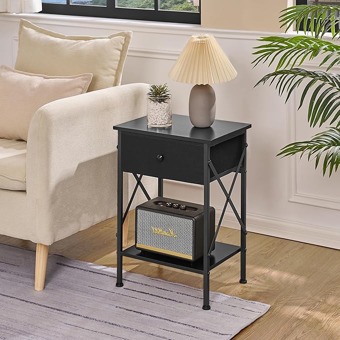 VECELO Nightstand Set of 2, X-Design End Side Table with Fabric Storage Drawer and Open Shelf, Bedside Night Stand with Steel Frame for Bedroom, Living Room,Dorm, Easy Assembly, Black