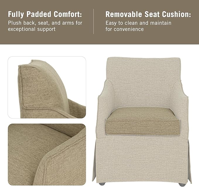 Martha Stewart London Dining Chair - Solid Wood & Plywood, Skirted Metal Base Accent Armchair, Lumbar Pillow -Modern Classic Family Dining Room Furniture 25" W x 26" D x 34" H, Beige