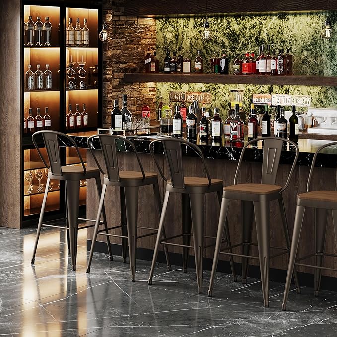 Andeworld Metal Bar Stools Set of 4, 26 inch Counter Height Barstools with Backs Farmhouse Modern High Back Bar Stools with Larger Seat Kitchen Dining Bar Chairs,Rusty