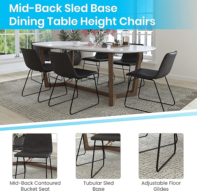 Taylor & Logan Butler 18 inch Dining Table Height Chair, Mid-Back Sled Base Dining Chair in Dark Gray Faux Leather with Black Frame, Set of 2