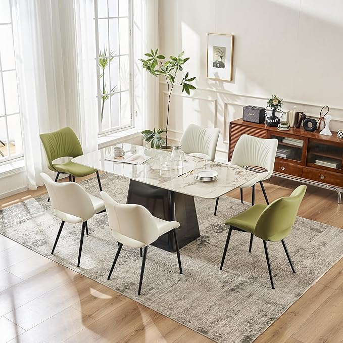 Rowill White Dining Chairs Set of 2, Upholstered Dining Room Chairs with Hollow Back, Faux Leather Kitchen Chairs for Dining, Mid Century Modern Dining Chair with Curved Seat