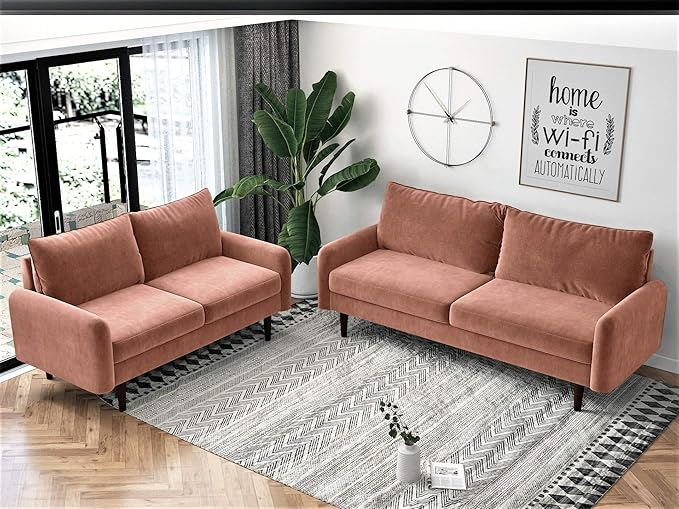 Container Furniture Direct Americus Velvet Upholstered Sofa and Loveseat Set, Couches for Living Room with Luxurious Mid Century Modern Design and Wooden Base, 2 Piece, Rose