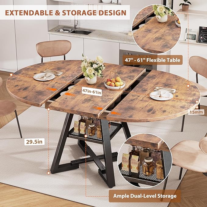 Round Dining Table Kitchen Dining Room Dinner Table for 4-6, Space Saving Extendable Oval Circle Furniture with Pedestal Base and Storage Shelf for Kitchen Living Room (Vintage, for 6-8)